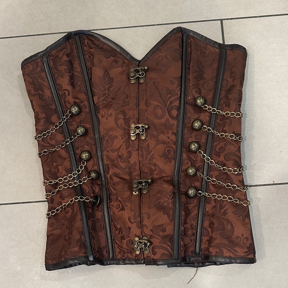 Pirate Costume Brown Brocade Corset with Chain Details